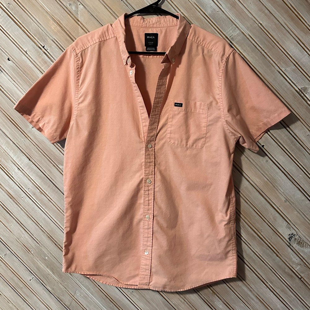 RVCA Men's Salmon Pink Casual Button Down Short Sleeve Summer Shirt